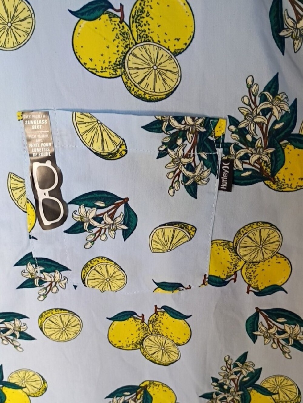 Hurley Men's Light Blue Short-Sleeve Lemon Print Button-Down Shirt Size L - Picture 4 of 9